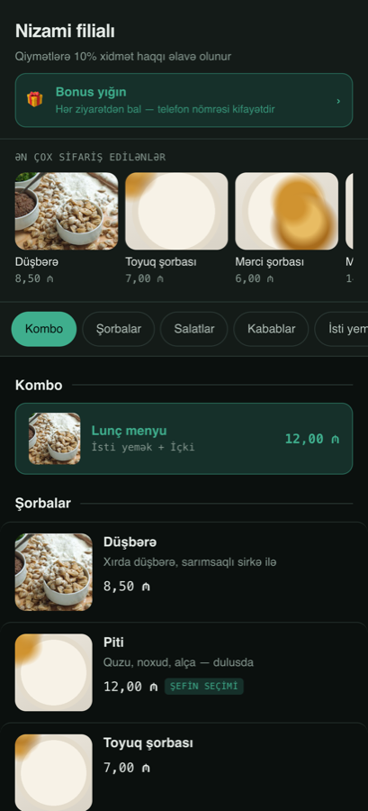 Qonağın telefonunda QR menyu: ən çox sifariş edilənlər, kateqoriyalar və qiymətlər
