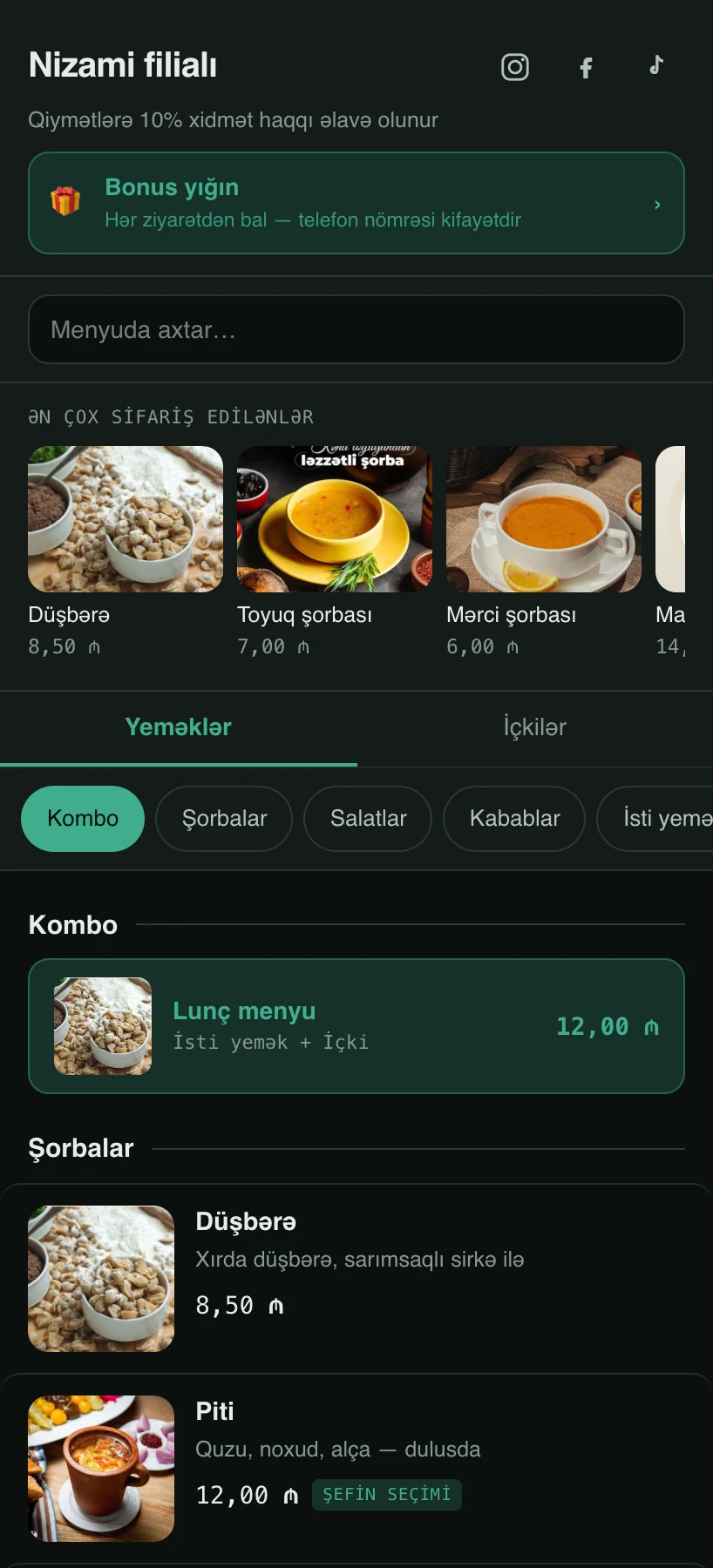 Kulino QR menyu qonağın telefonunda: ən çox sifariş edilənlər, kateqoriyalar və qiymətlər